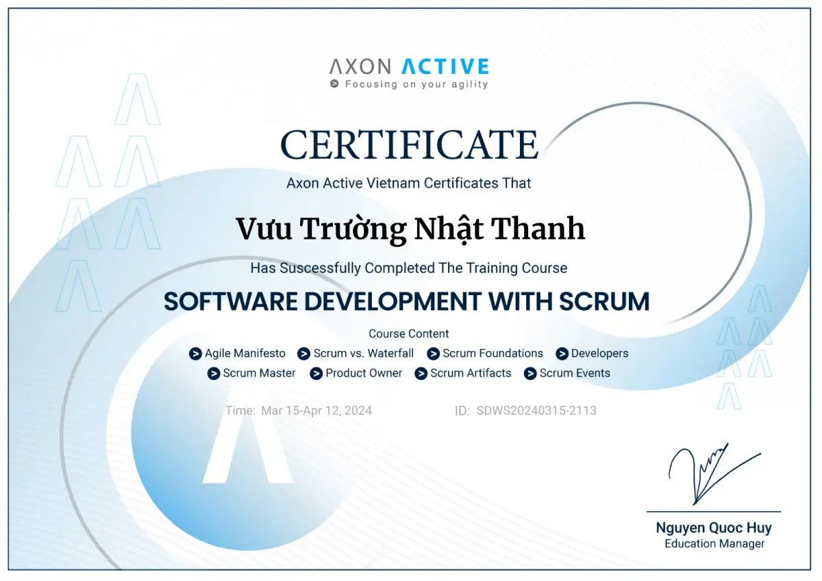 Chứng nhận khóa học Scrum của Axon Active Vietnam